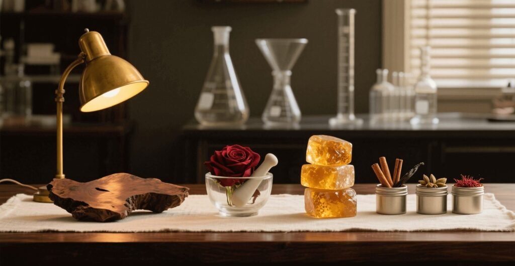 Oud, rose, and amber materials for creating a custom Arabian luxury scent
