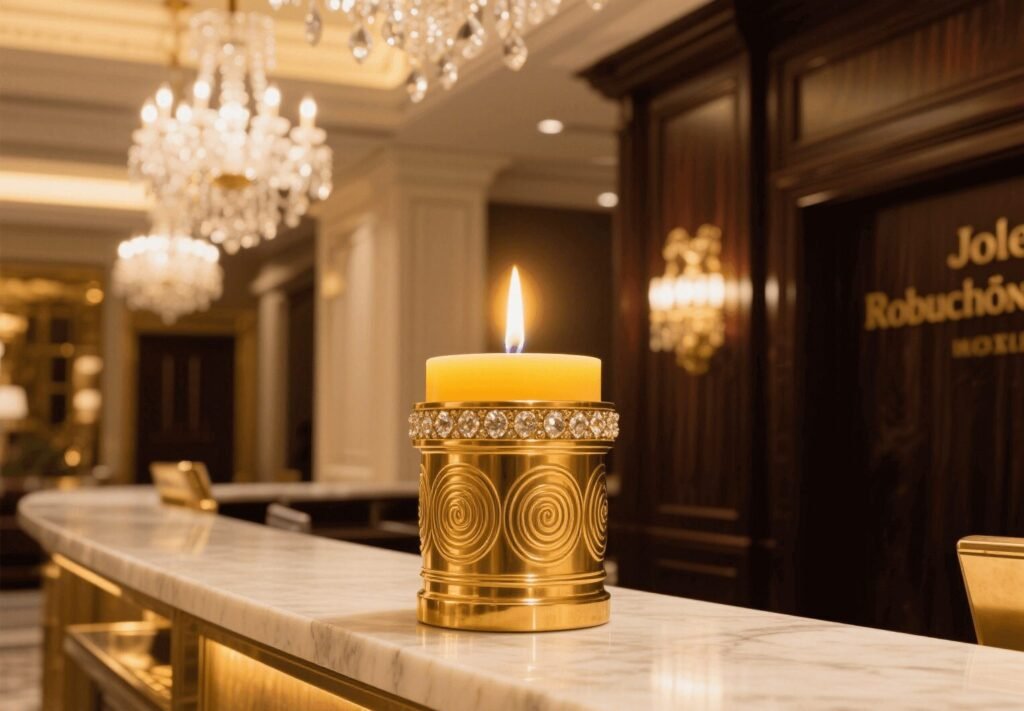 Bespoke Bakhour-inspired luxury candle in a gold vessel in a 5-star hotel suite