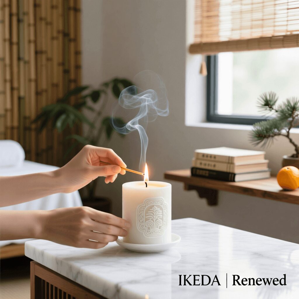 A natural soy candle with IKEDA buds and a wood lid, sitting on a shelf.