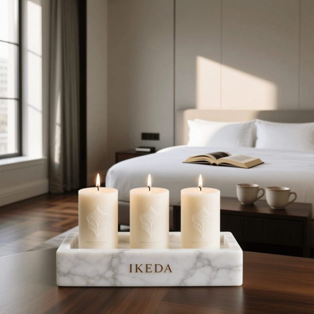 An amber glass jar candle with a glowing flame and a simple label.