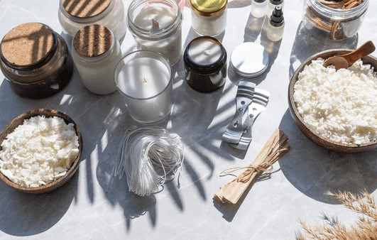 raw materials used in candle manufacturing including wax fragrance and wick