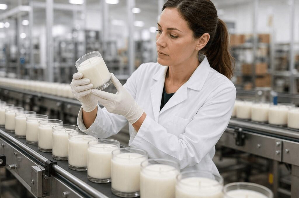 Quality inspection of candle jars and wick placement during production